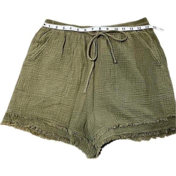 Cotton Bleu Women's Slub Olive Green Elastic Waist Raw Hem Shorts Size M - Picture 7 of 7